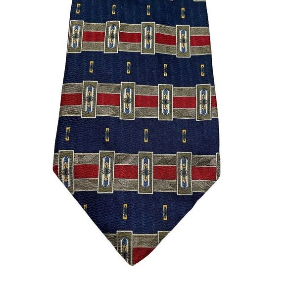 Vintage Oscar de la Renta Men's Necktie Tie Blue Maroon Geometric Silk Designer - Picture 3 of 7